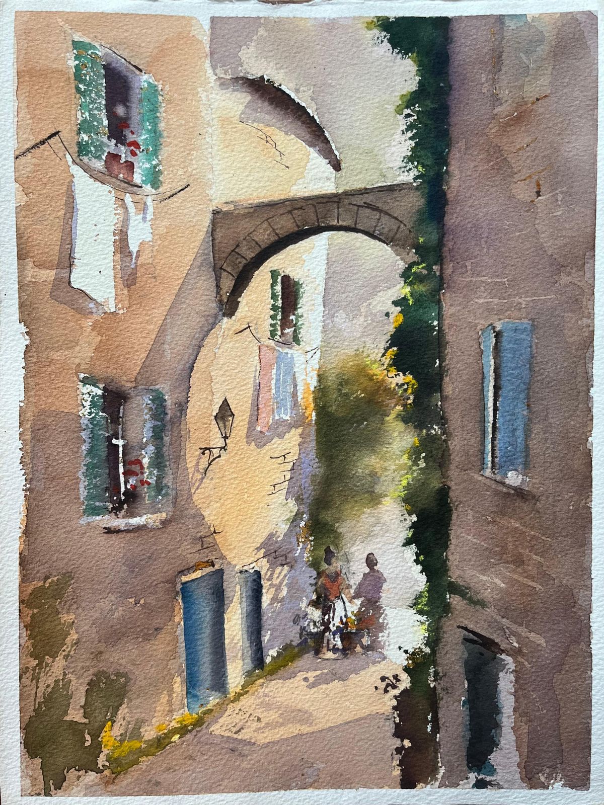 Anthony Averybritish Impressionist Watercolor Of A Sunlit Alley With Archway And Figures