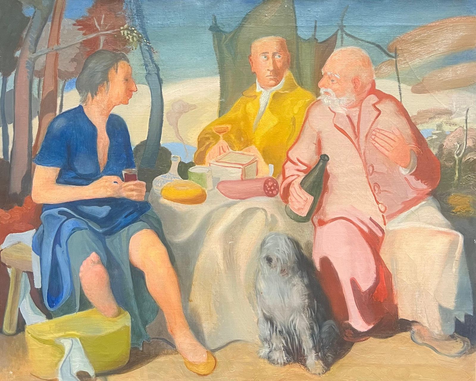 Pierre Georgeotlarge Mid Century French Oil Three Figures Seated Picnic Conversation