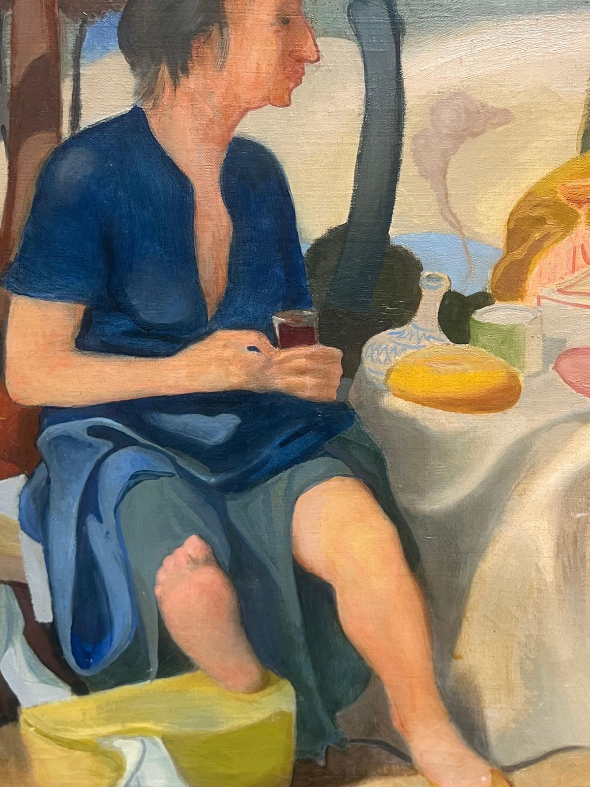 Pierre Georgeotlarge Mid Century French Oil Three Figures Seated Picnic Conversation photo vinterior