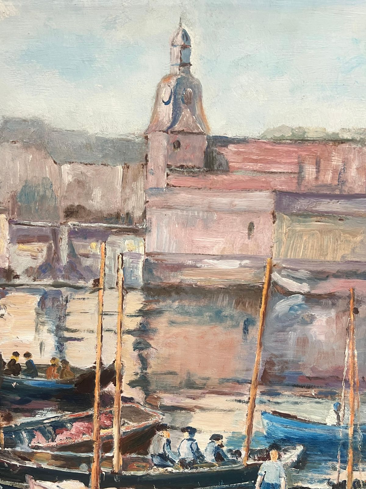 French Schoollarge Mid Century French Impressionist Signed Oil Painting Busy Fishing Harbor1950's photo Art