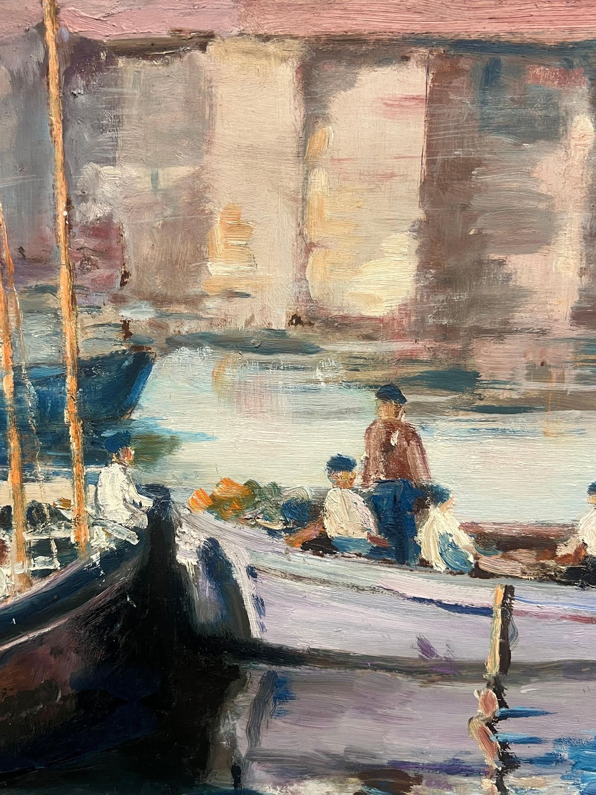 French Schoollarge Mid Century French Impressionist Signed Oil Painting Busy Fishing Harbor1950's photo buy