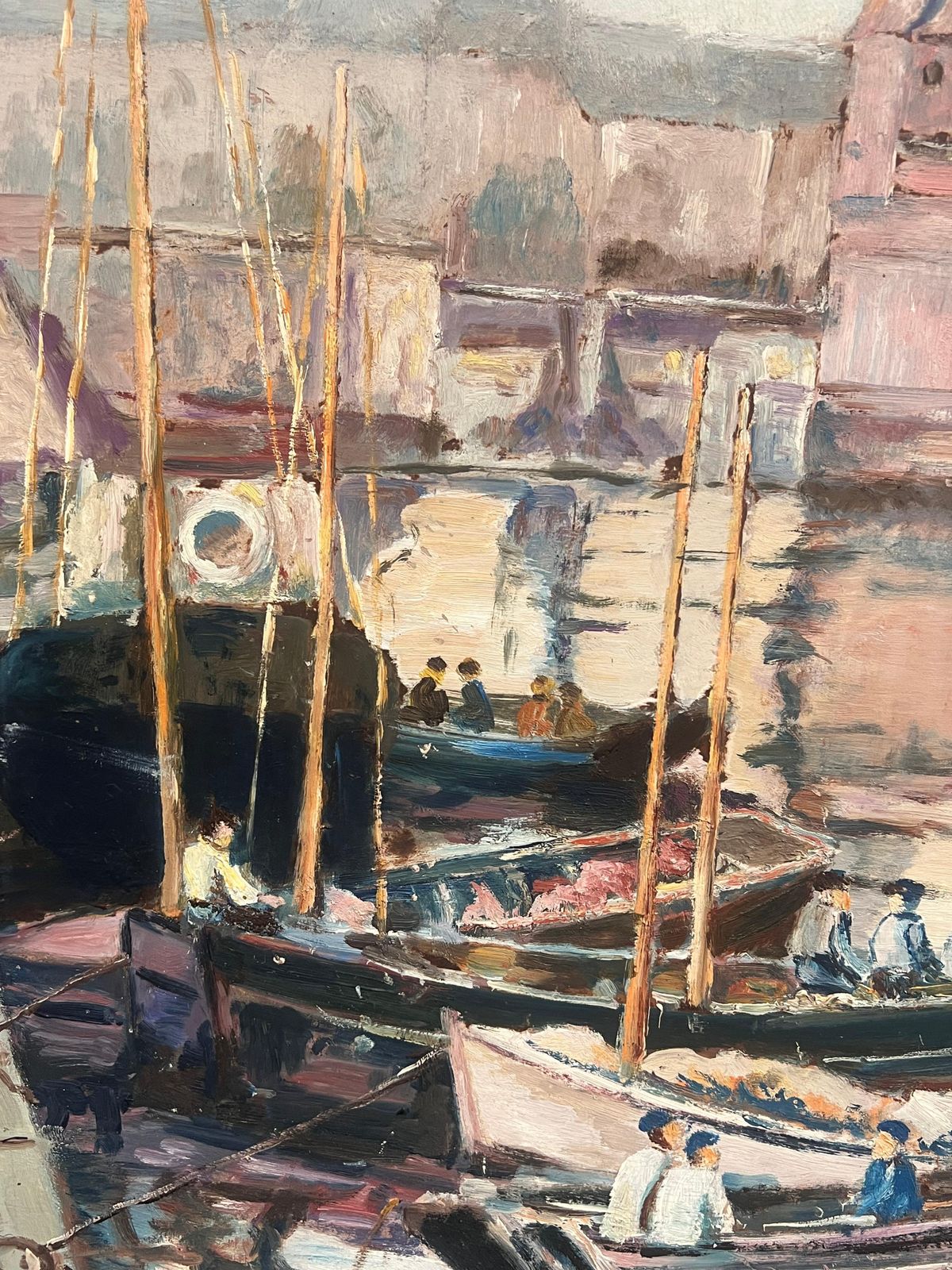 photo for sale French Schoollarge Mid Century French Impressionist Signed Oil Painting Busy Fishing Harbor1950's