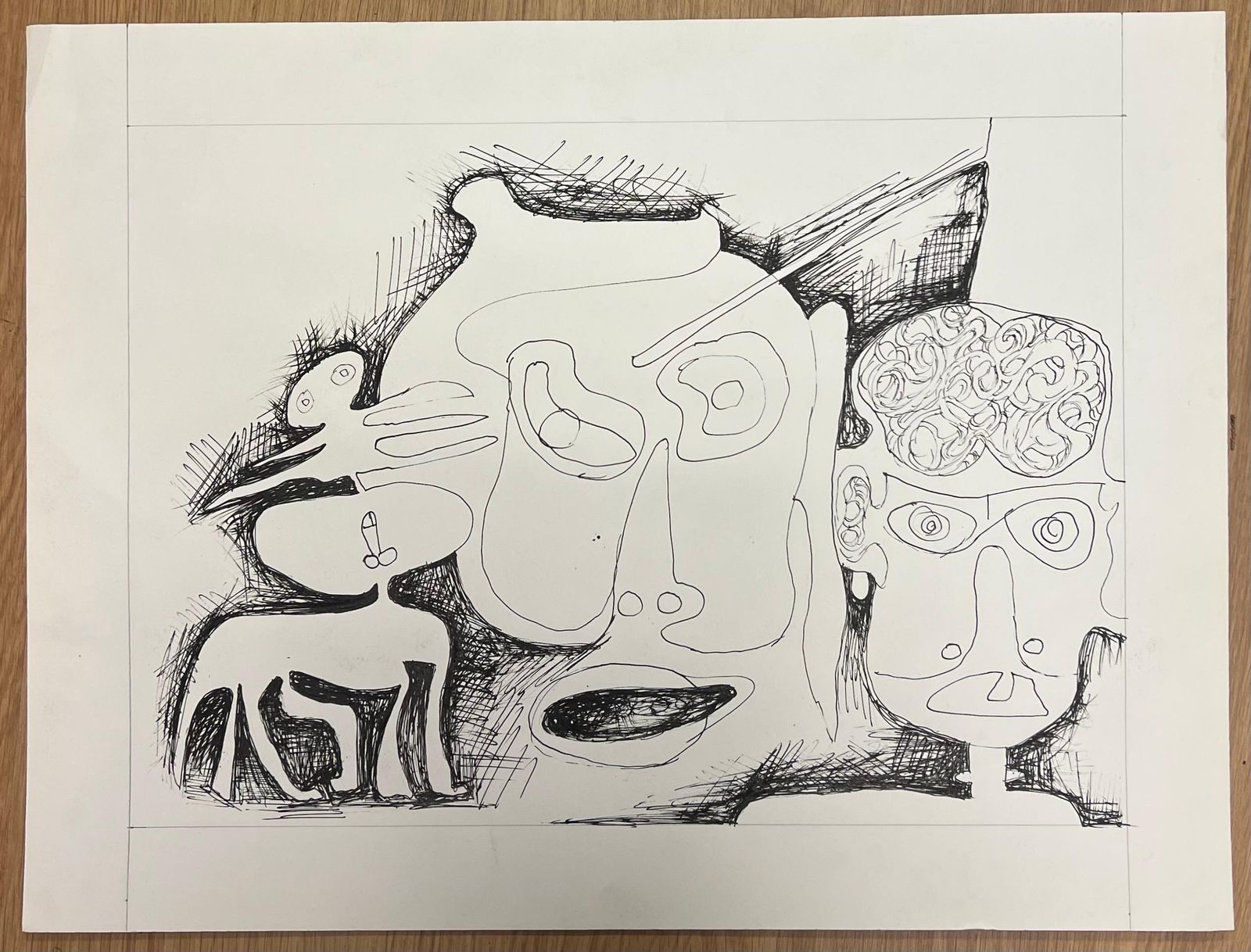 Claude Lagoucheoriginal 1970's French Line Drawing With Faces And Figuresc. 1970's photo furniture