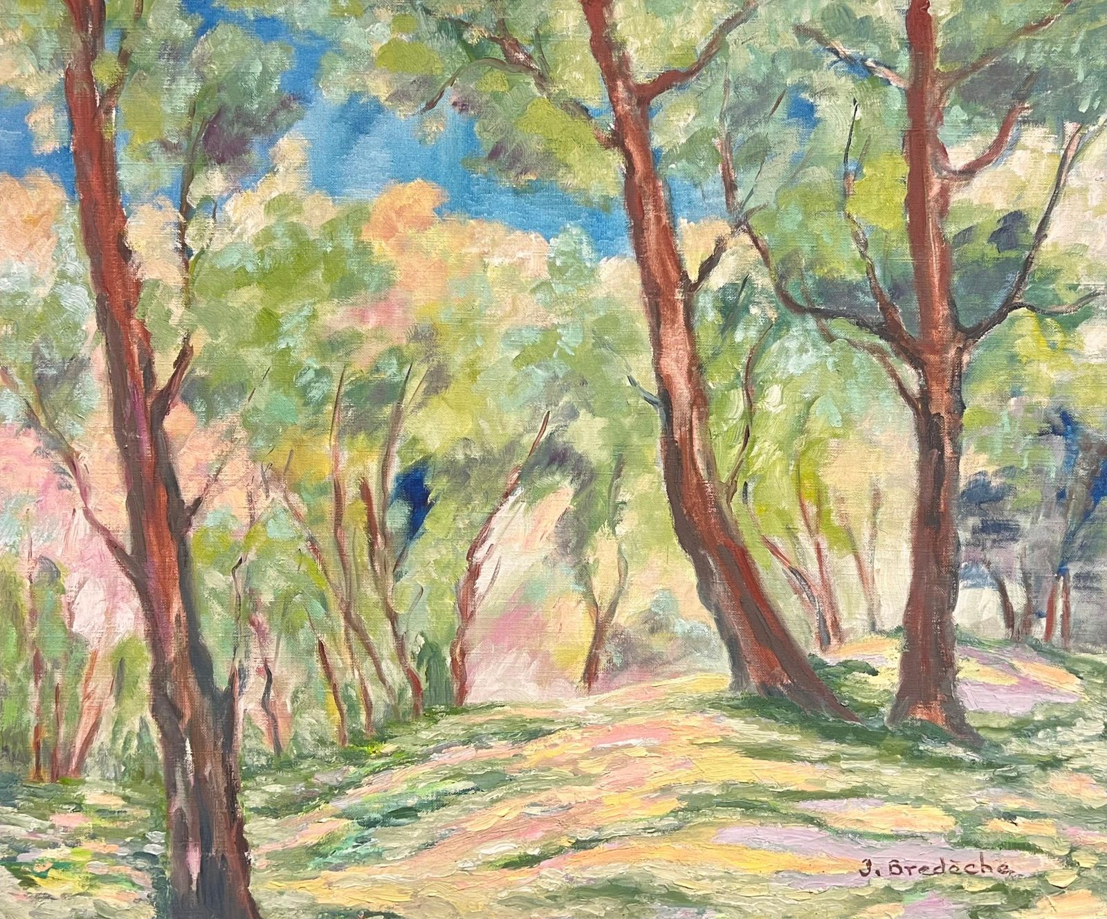 J.Bredechesunlit Woodland Landscape Large 1970's French Impressionist Oil Painting1970's