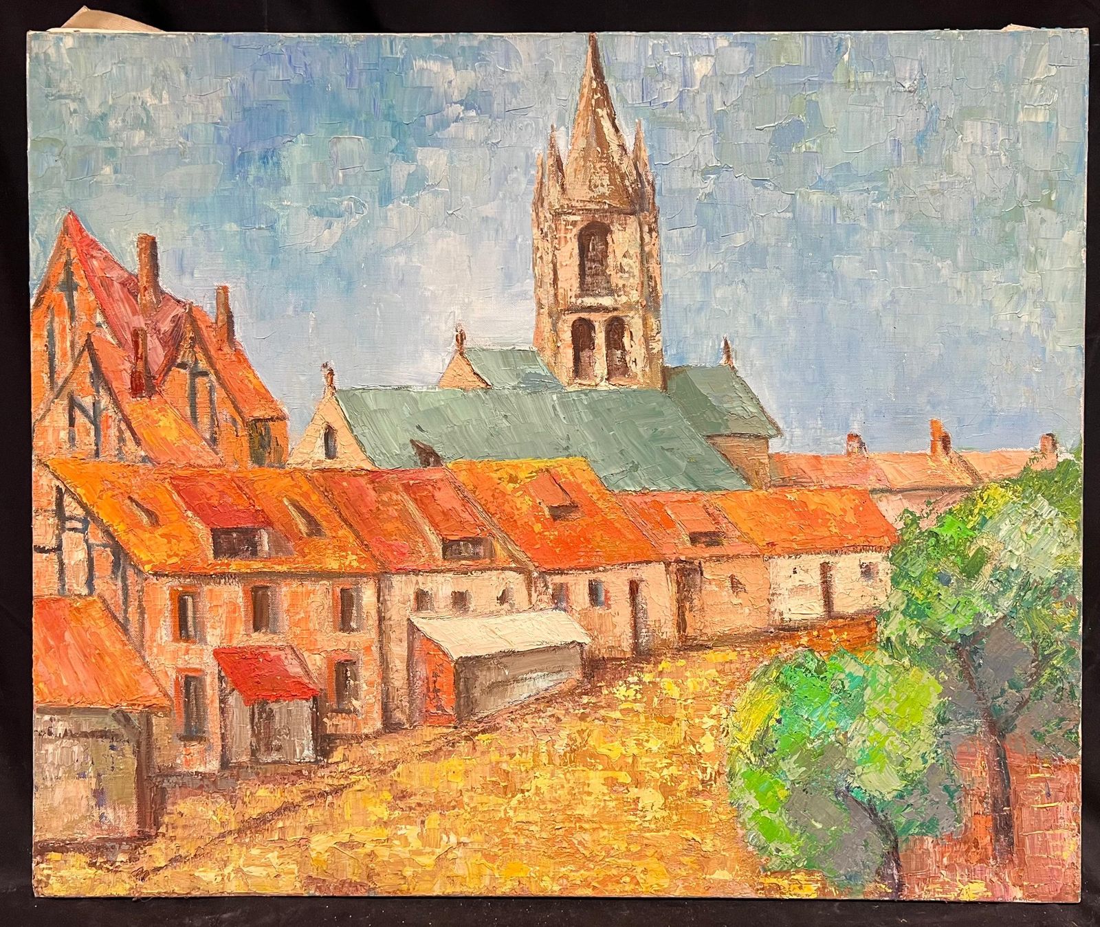 French Schoollarge French Post Impressionist Oil Painting Town & Church Landscape, 1970's1970's photo furniture