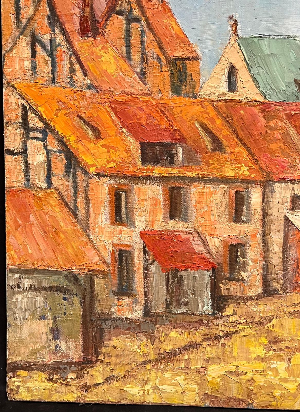 French Schoollarge French Post Impressionist Oil Painting Town & Church Landscape, 1970's1970's photo vintage