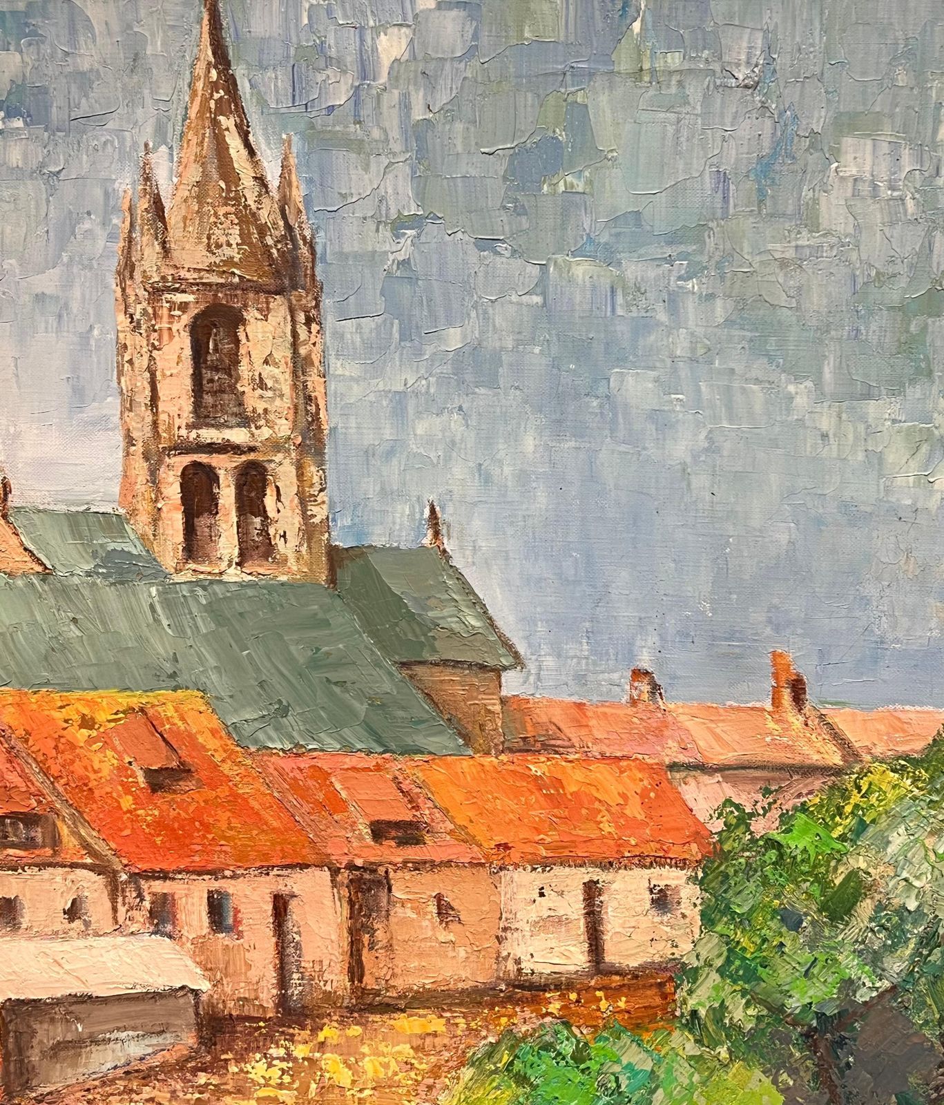 photo for sale French Schoollarge French Post Impressionist Oil Painting Town & Church Landscape, 1970's1970's