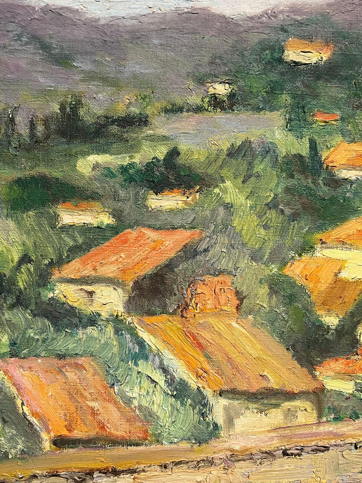 French Schoolsunlit Village Landscape Vibrant Impressionist Oil Painting Hillside Hamlet1970's photo vinterior