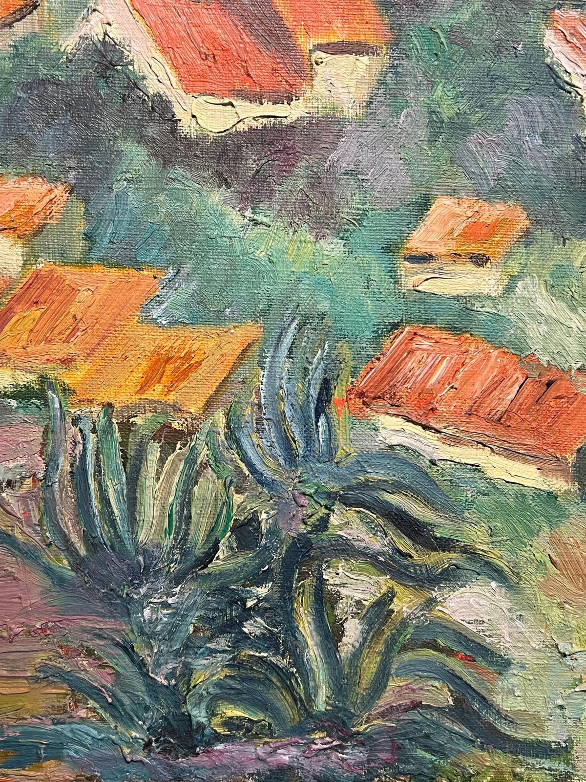 French Schoolsunlit Village Landscape Vibrant Impressionist Oil Painting Hillside Hamlet1970's photo vintage