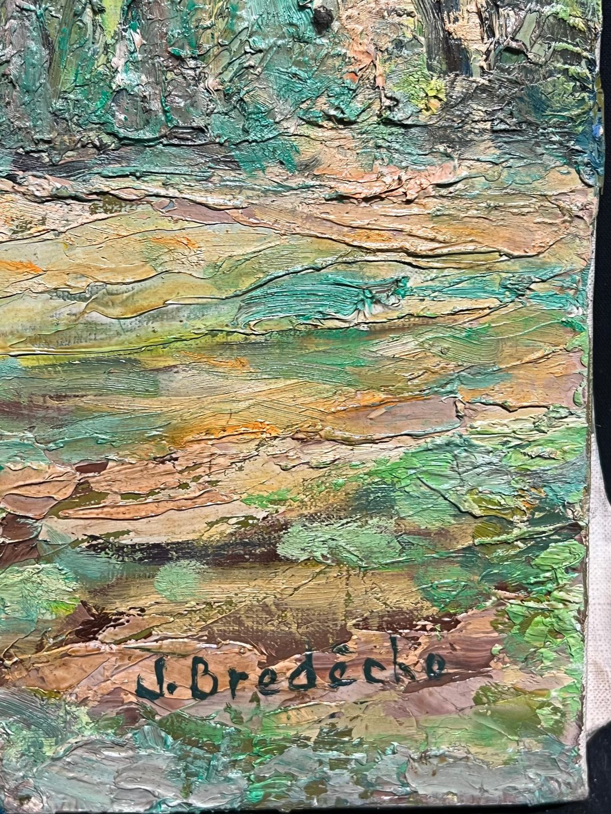 photo furniture J.Bredechelarge 1970's French Post Impressionist Oil Painting Of Dappled Sunlit Forest1970's