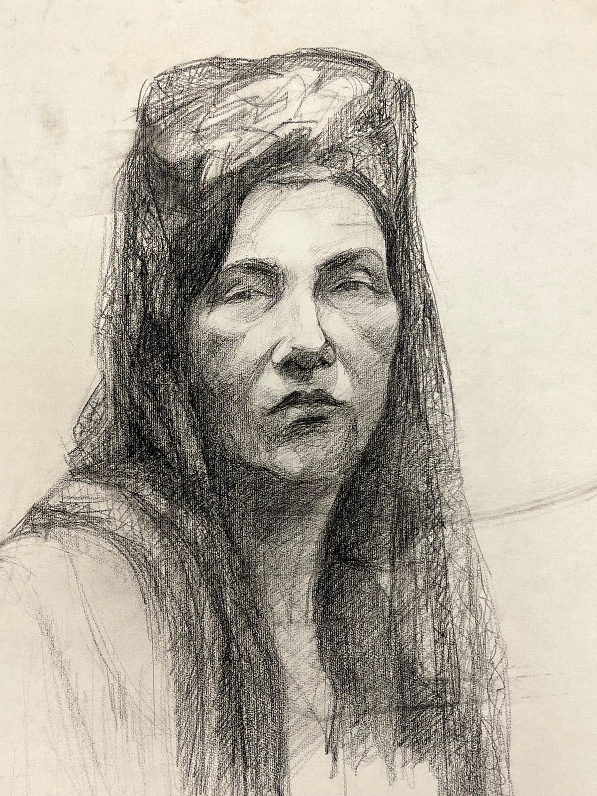 Josine Vignonmid Century French Portrait Of A Woman With Draped Veil Drawing1950's photo Art