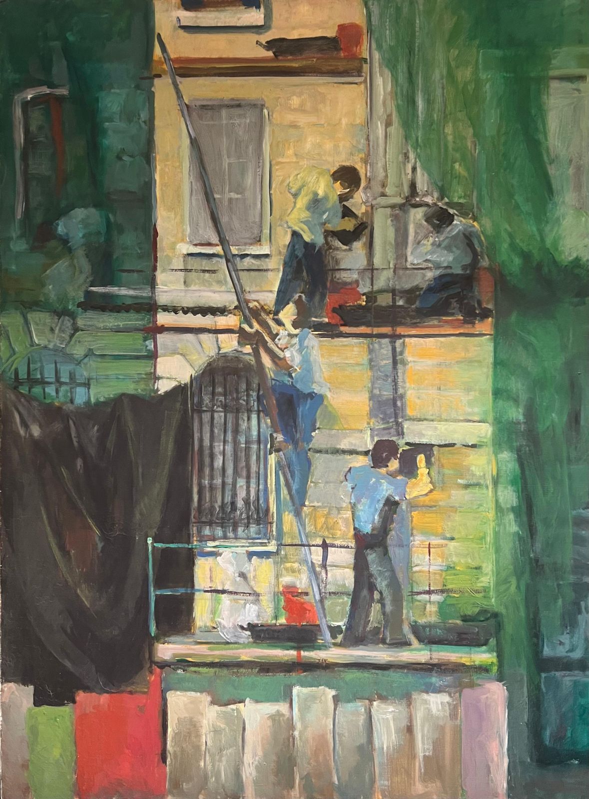 French Schoolhuge 1970's French Oil Painting Figurative Oil Painting Workers On Scaffolding1970's