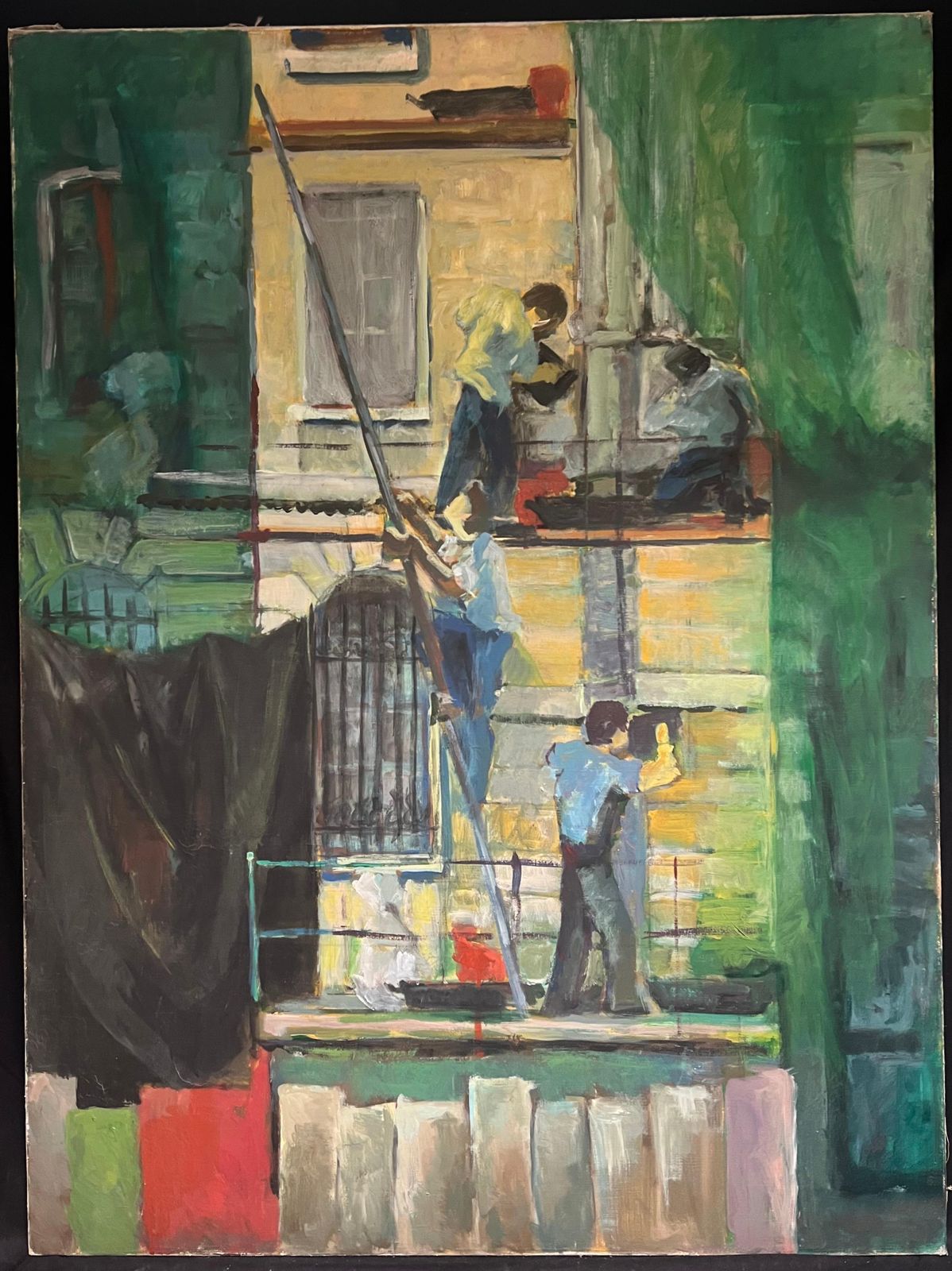 French Schoolhuge 1970's French Oil Painting Figurative Oil Painting Workers On Scaffolding1970's photo furniture