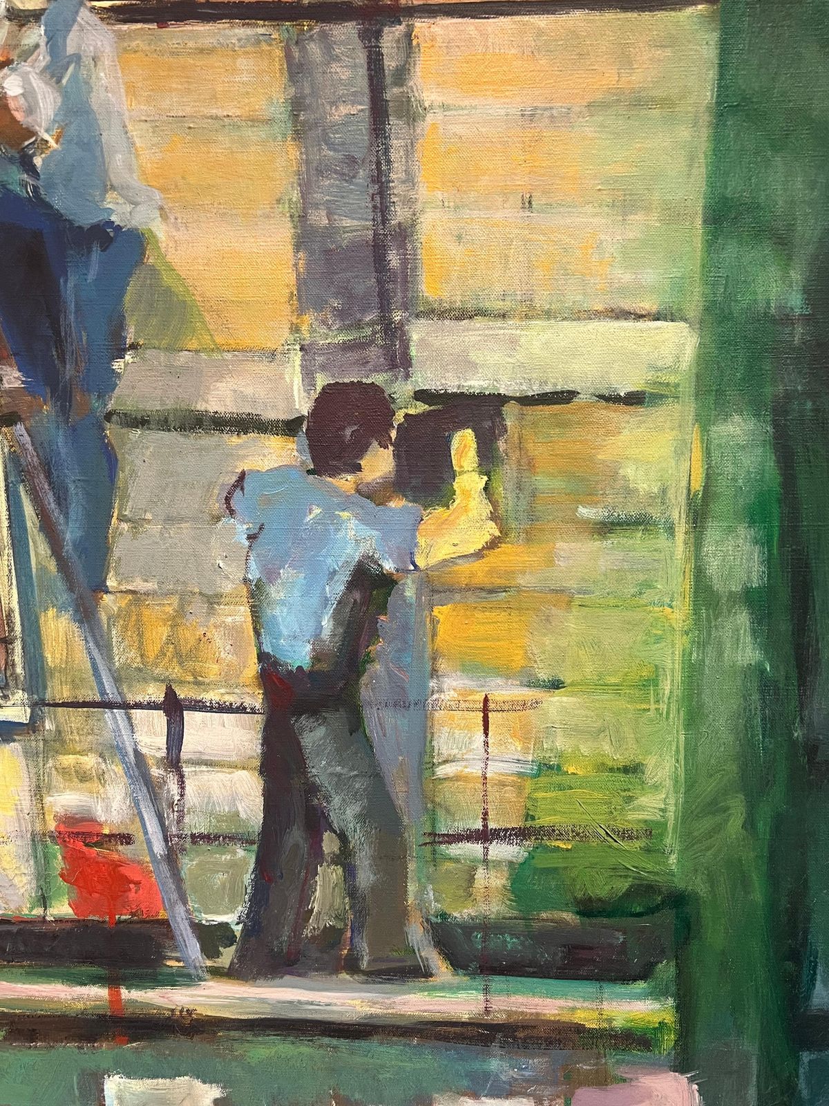 French Schoolhuge 1970's French Oil Painting Figurative Oil Painting Workers On Scaffolding1970's photo for sale