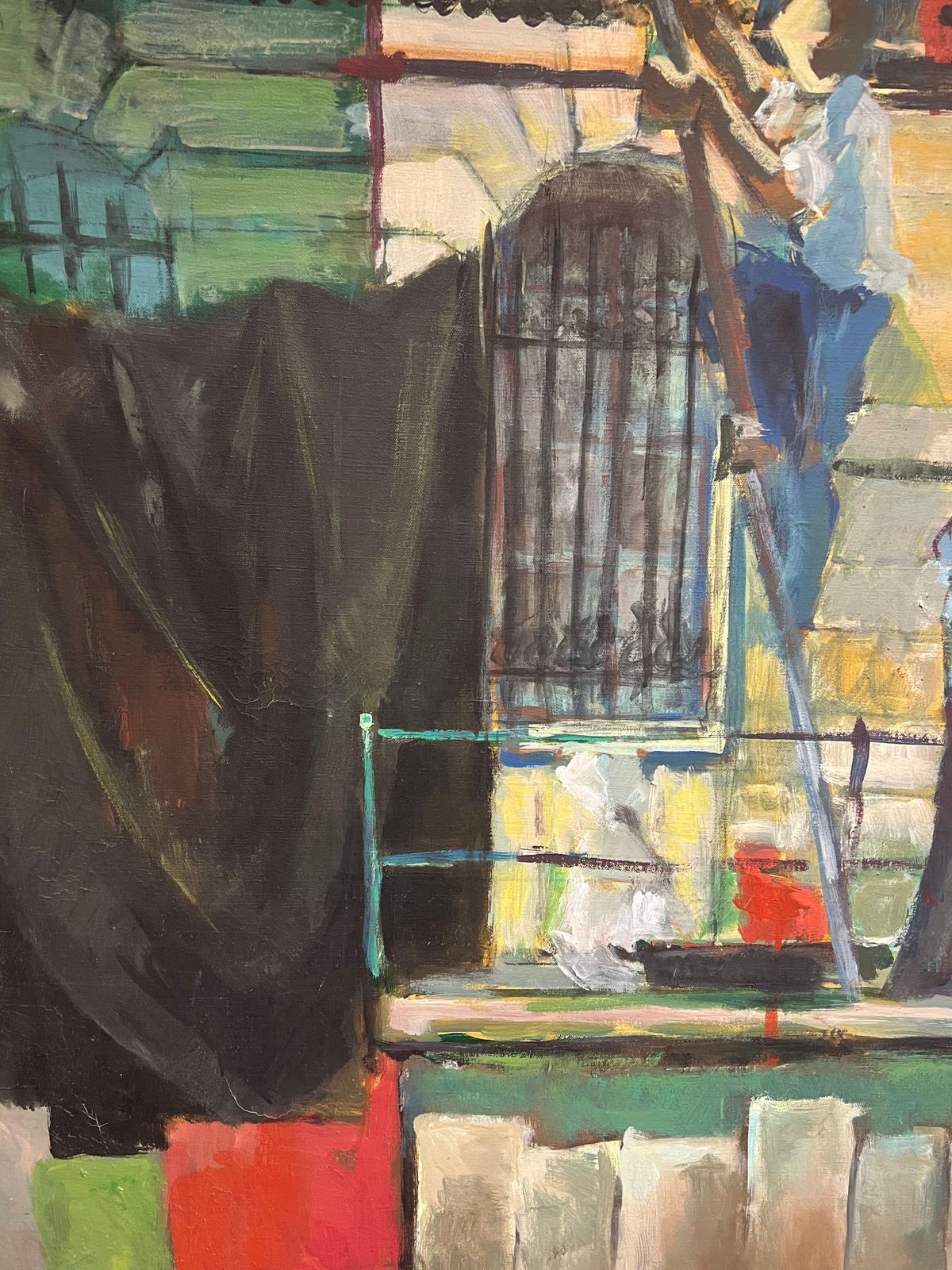 French Schoolhuge 1970's French Oil Painting Figurative Oil Painting Workers On Scaffolding1970's photo vintage