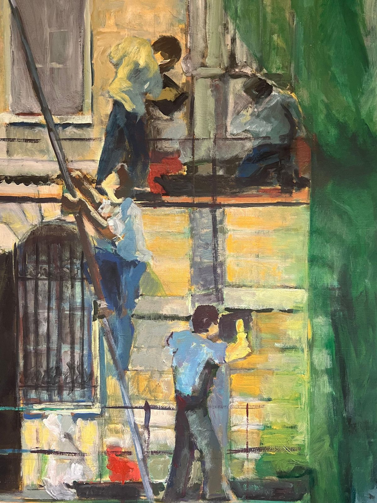 photo furniture French Schoolhuge 1970's French Oil Painting Figurative Oil Painting Workers On Scaffolding1970's