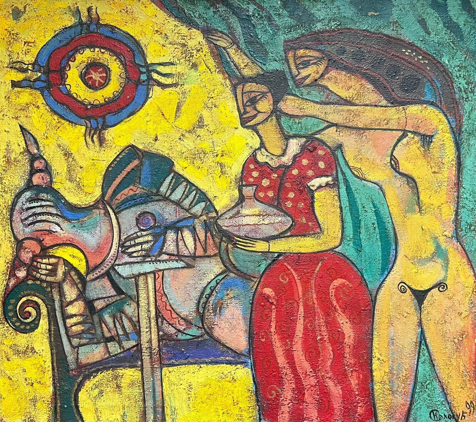 European Artisthuge Contemporary Painting Abstract Mythical Figures In A Surrealist Composition1999