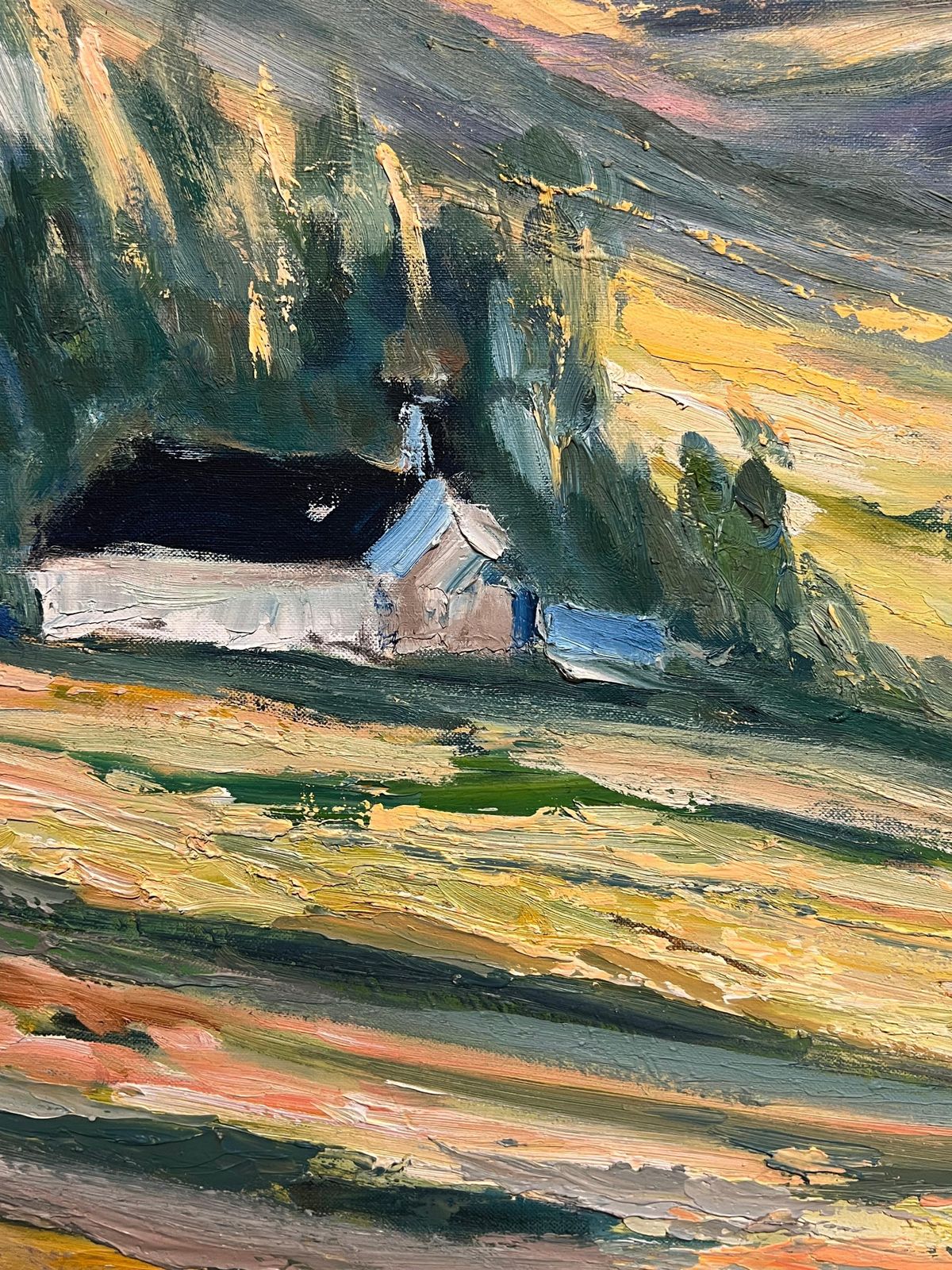 J.Bredechefrench Golden Valley At Dusk Landscape With Rolling Hills And Cottages Oil1970's photo buy