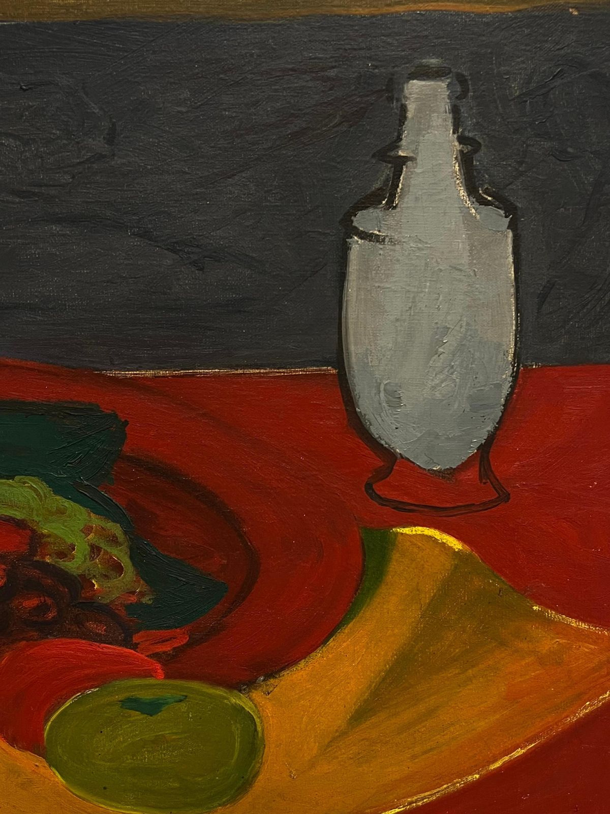 French School1970's French Bold Still Life Modernist Oil Painting Of Fruit And Red Drapery photo for sale