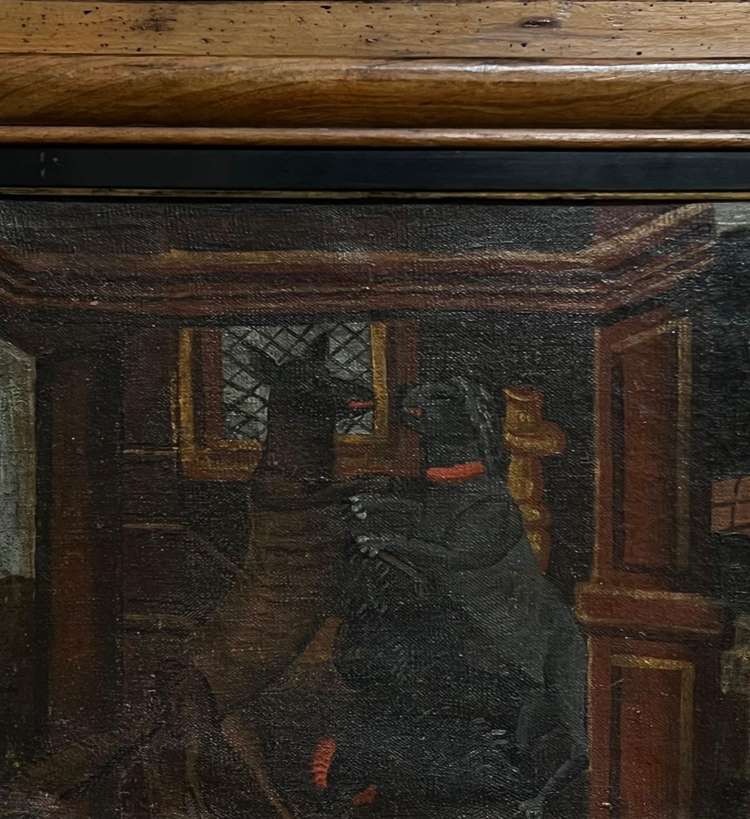 French Schoolhuge 18th Century French Oil Painting Dogs Fighting Medieval Castle Wooden Frame photo Art
