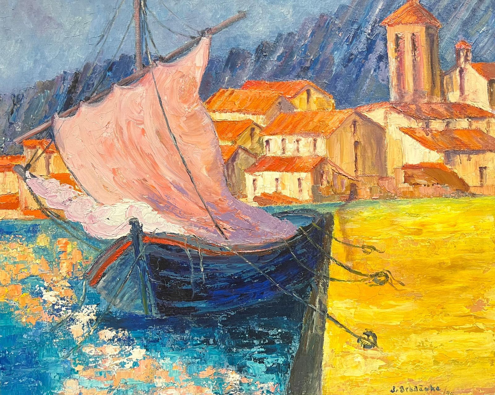 J.Bredechevibrant French Harbor Scene Impressionist Oil Painting Sailboat Coastal Village1970's