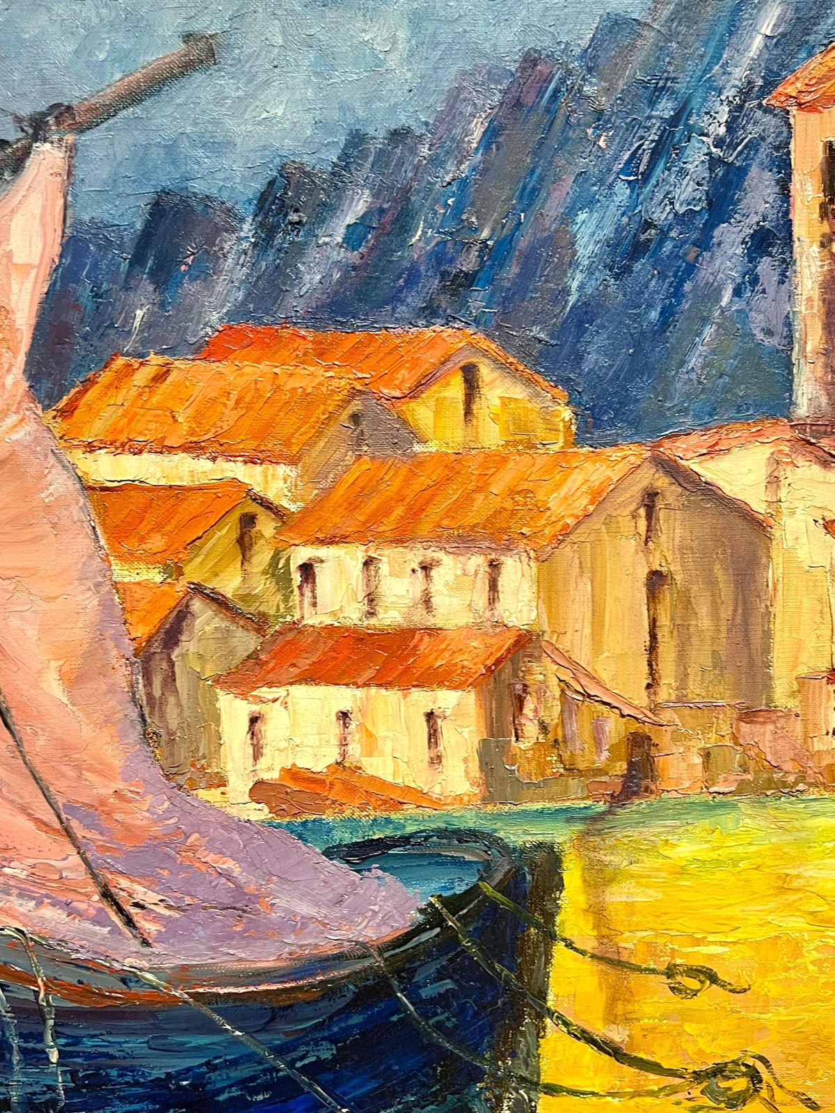 J.Bredechevibrant French Harbor Scene Impressionist Oil Painting Sailboat Coastal Village1970's photo 916.0