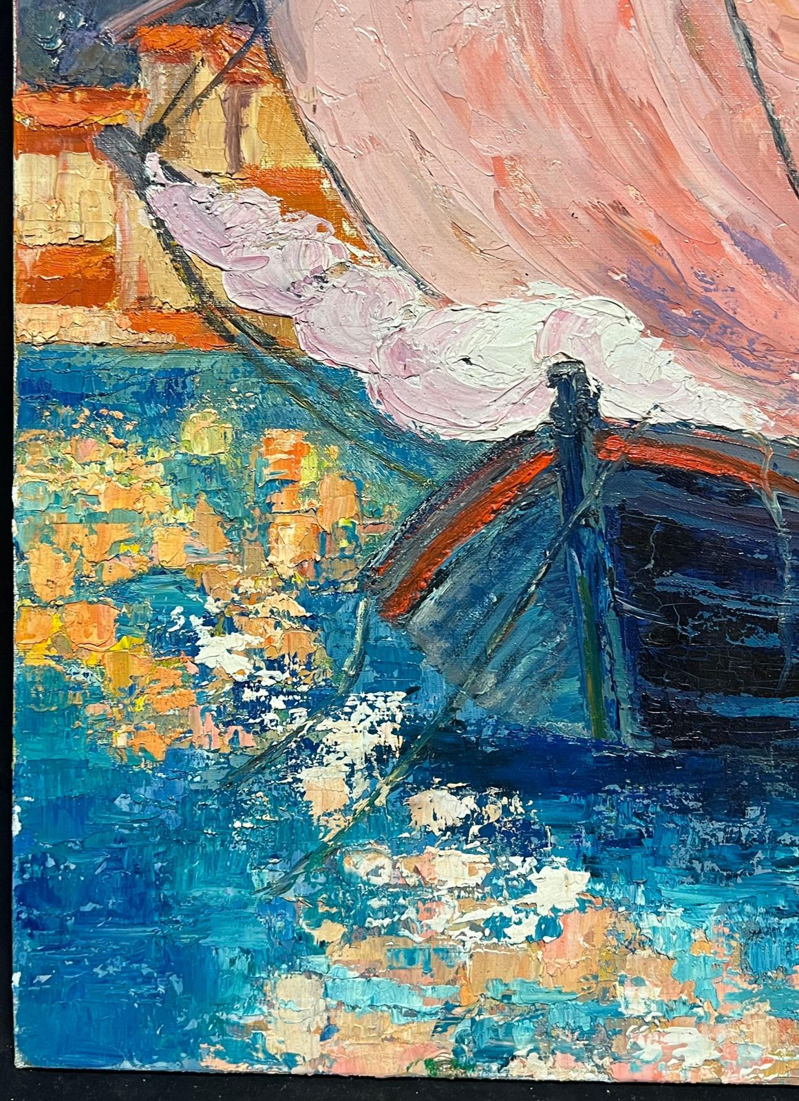 photo furniture J.Bredechevibrant French Harbor Scene Impressionist Oil Painting Sailboat Coastal Village1970's