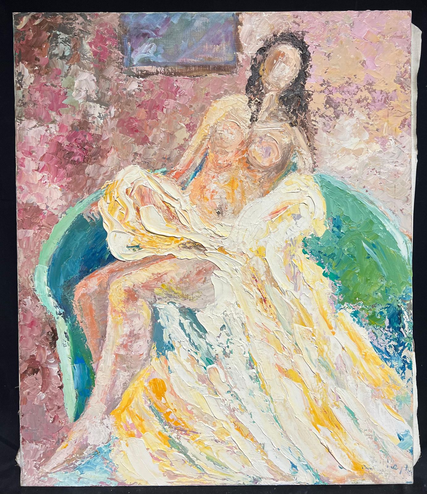 French School1970's French Post Impressionist Reclining Nude Thick Impasto Oil Painting1970's photo furniture