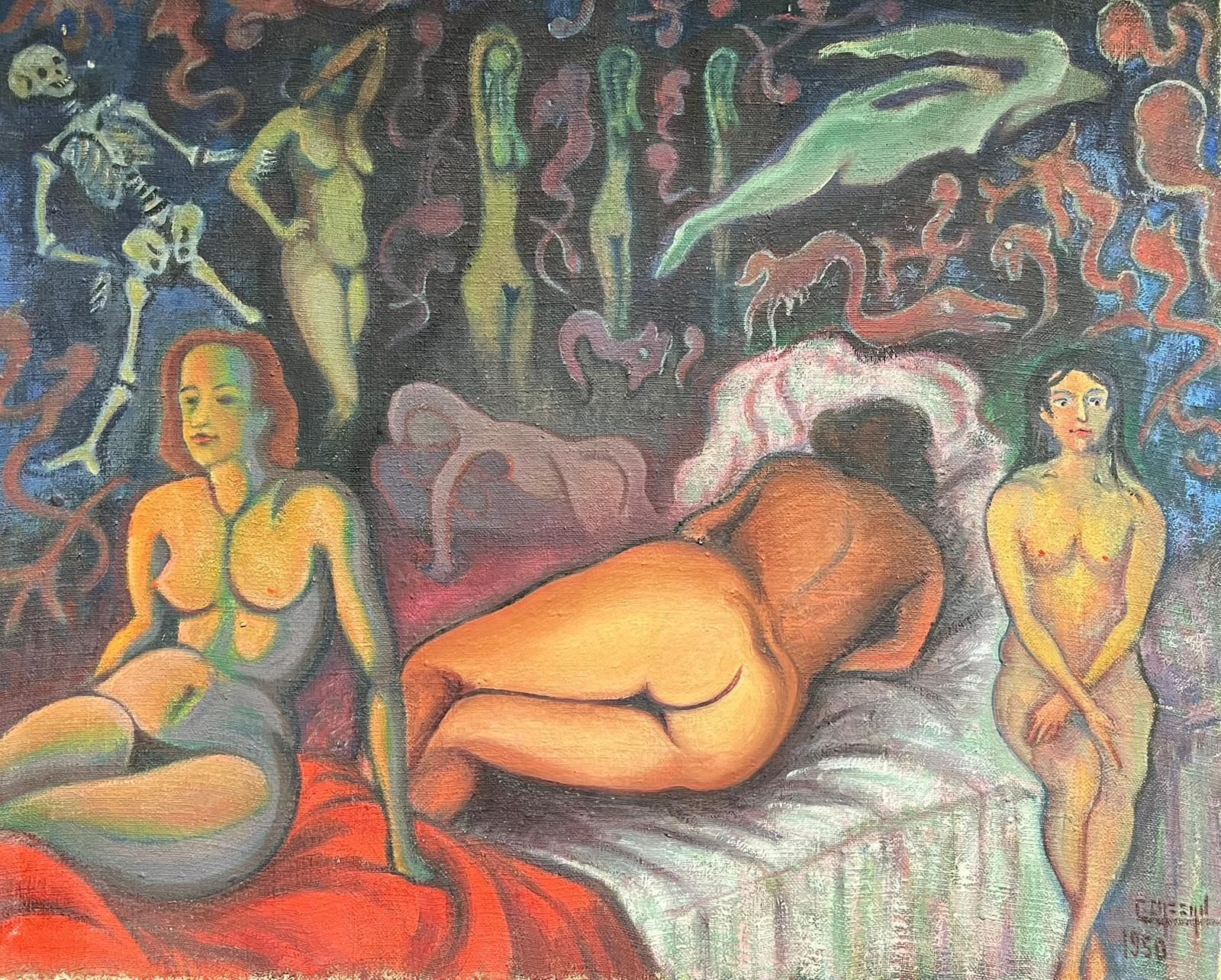 French School1950's French Surrealist Signed Huge Oil Painting Nudes Dreamscape With Skeleton1958