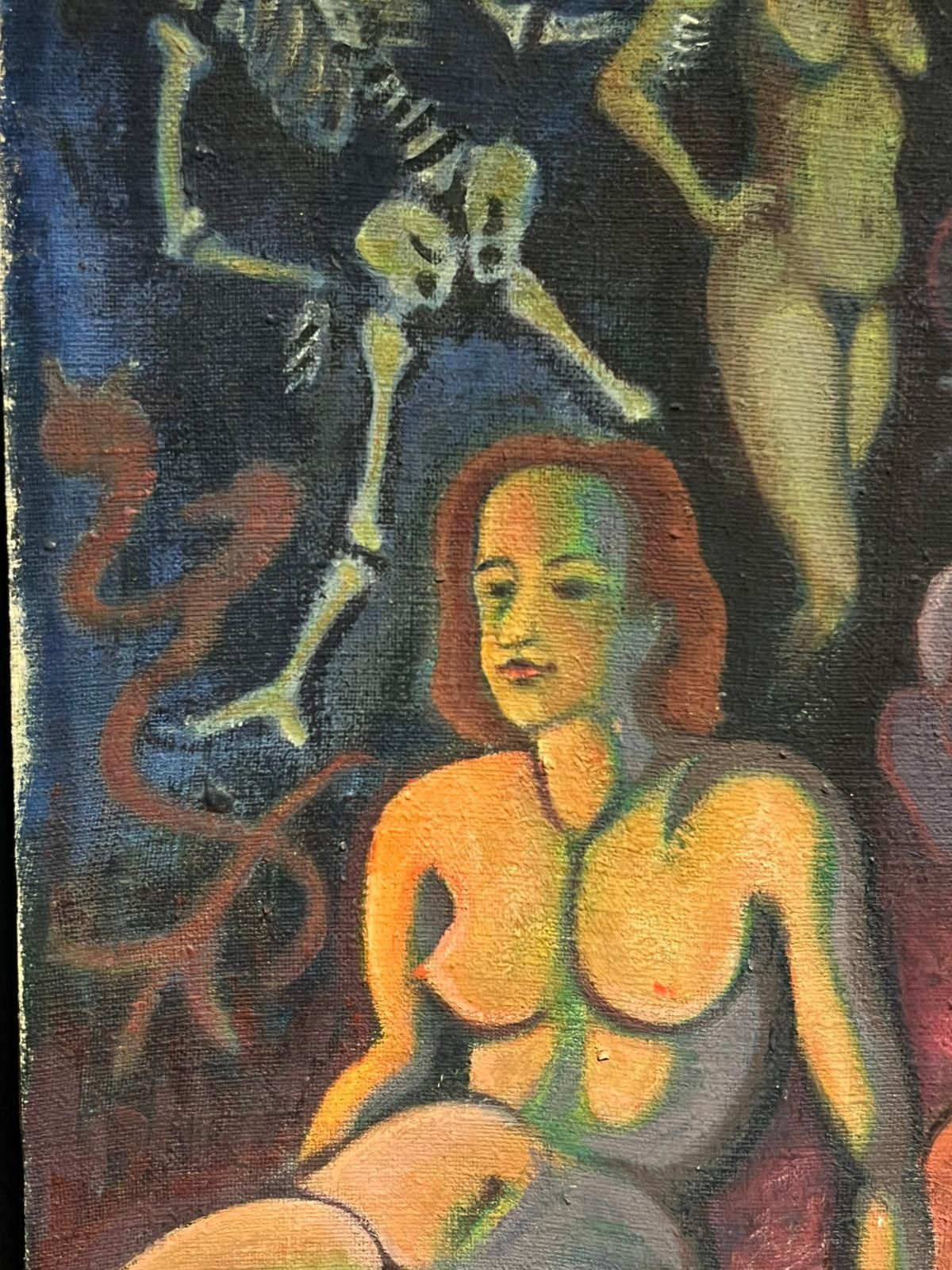 French School1950's French Surrealist Signed Huge Oil Painting Nudes Dreamscape With Skeleton1958 photo vintage