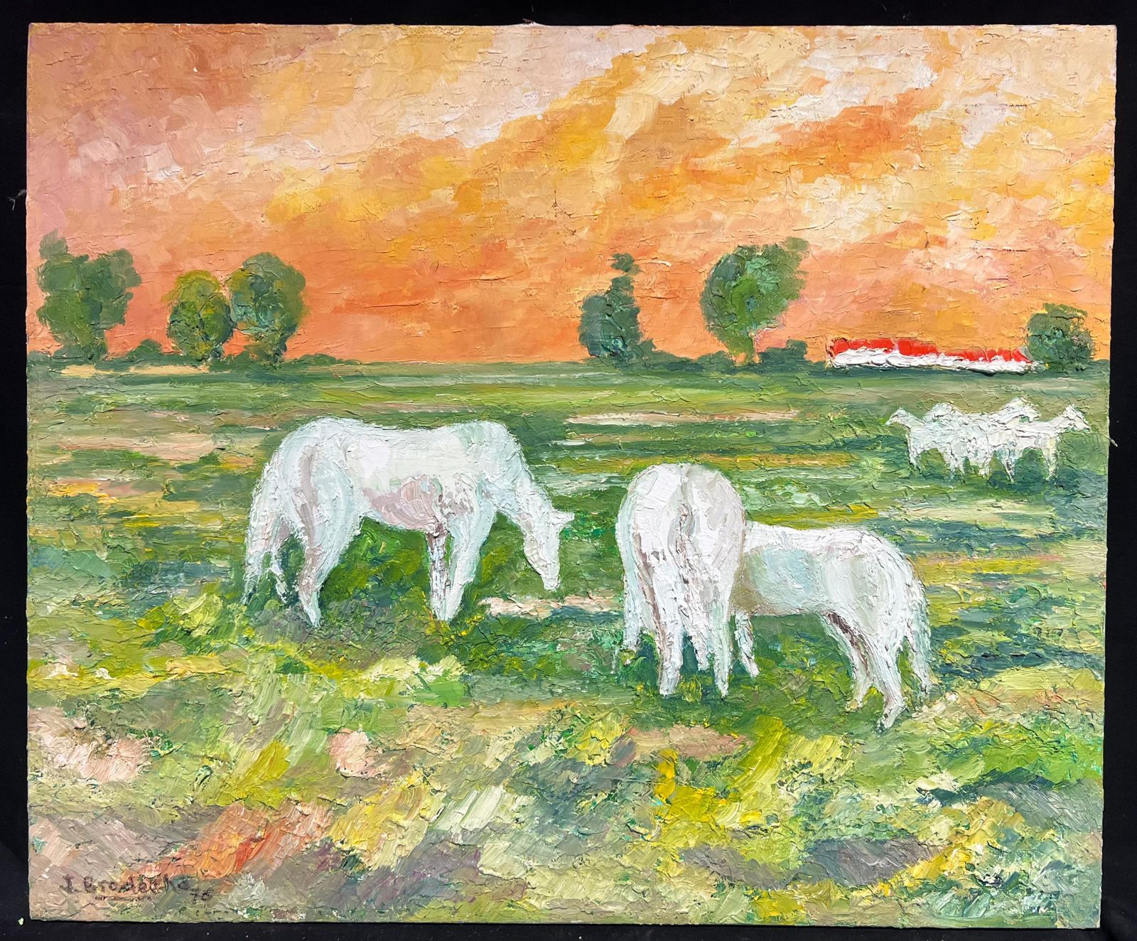 J.Bredechewhite Horses Grazing At Sunset Vibrant French Post Impressionist Oil Painting1970's photo furniture