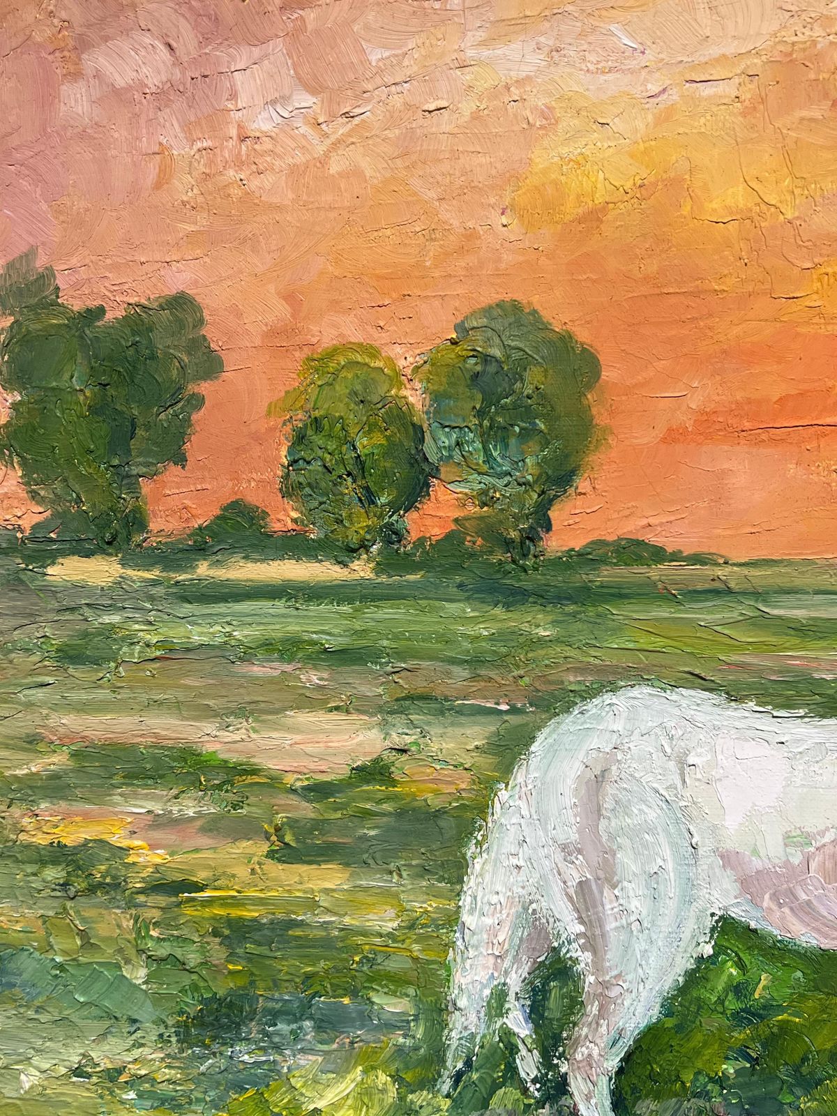 J.Bredechewhite Horses Grazing At Sunset Vibrant French Post Impressionist Oil Painting1970's photo buy