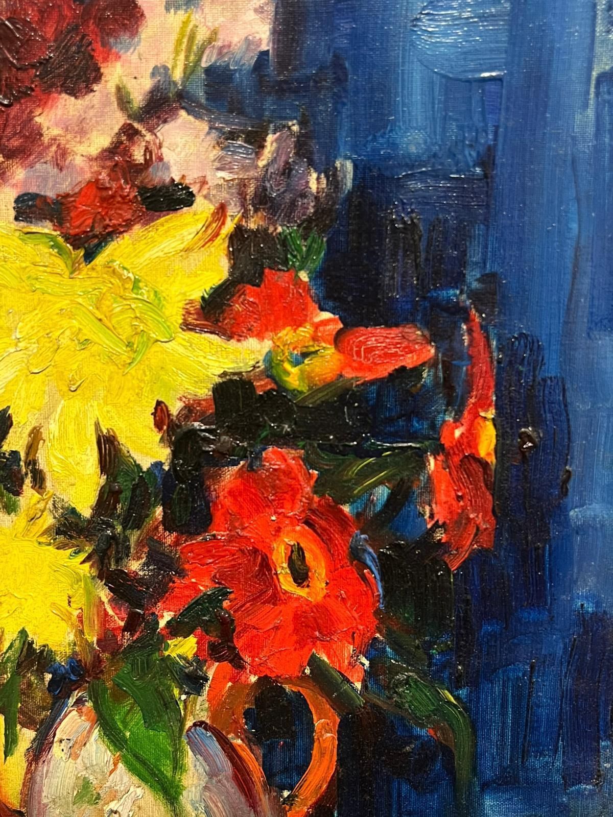 French Schoolmodern Vibrant Floral Arrangement White & Red Kettle Bold Colors Still Life Oil2001 photo for sale