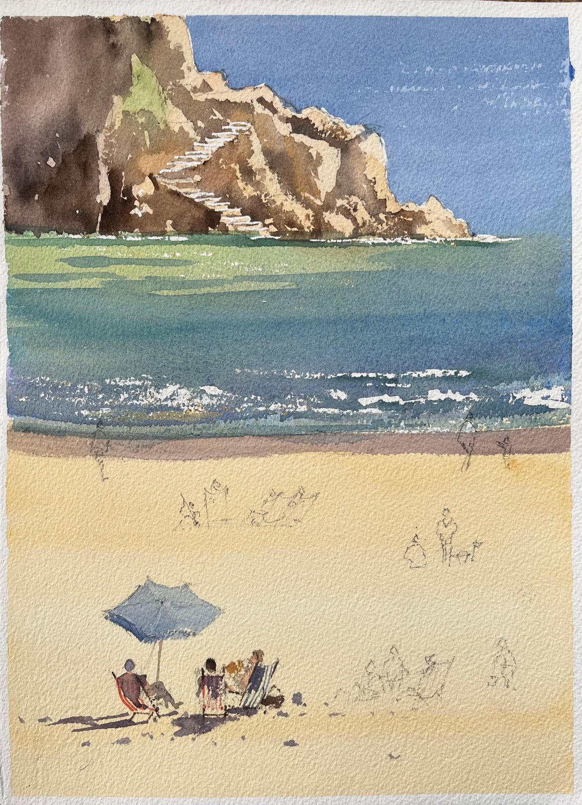 Anthony Averybritish Impressionist Watercolor Of A Beach Scene With Coastal Cliffs