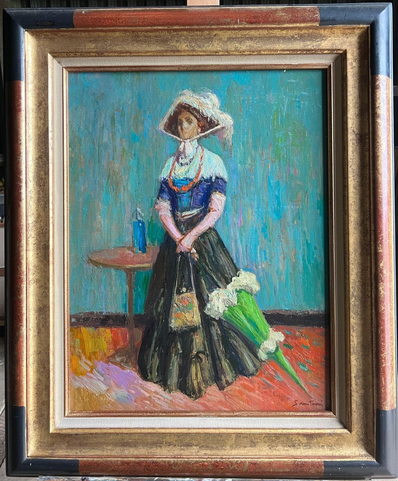 Pio Santinifine French Impressionist Oil Painting Portrait Elegant Lady With Parasol photo furniture