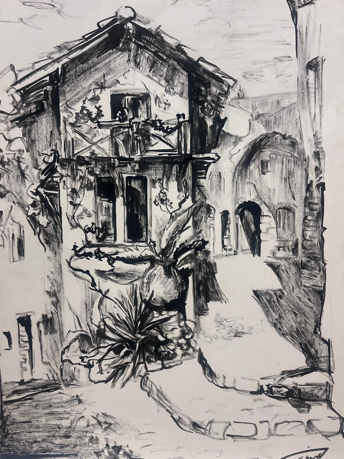 Josine Vignon1950s French Charming Charcoal Sketch Of A Rustic European Courtyard1950s photo Art