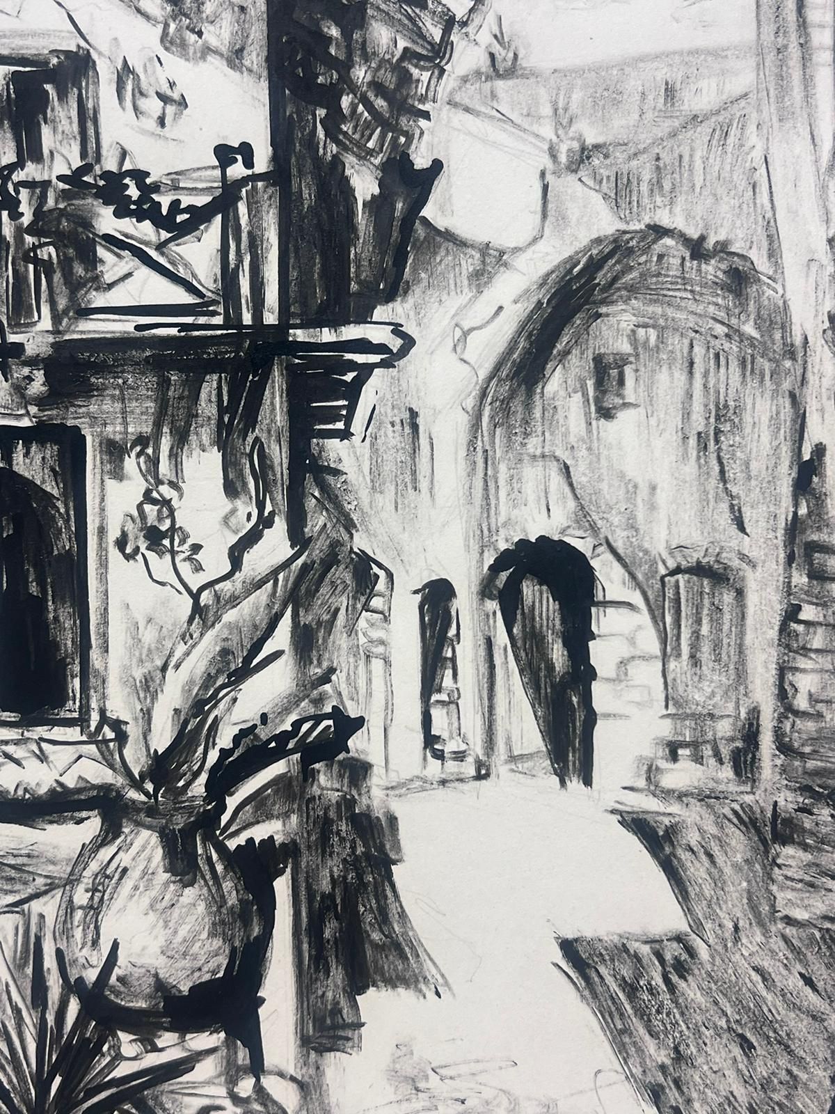 Josine Vignon1950s French Charming Charcoal Sketch Of A Rustic European Courtyard1950s photo buy