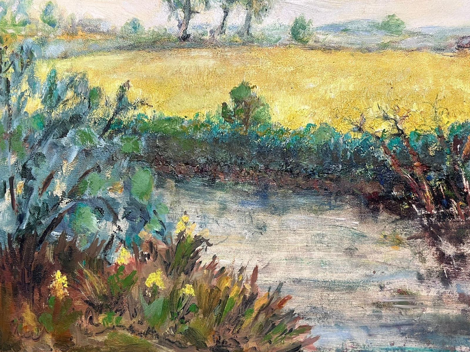 Helen Greenfieldvibrant Mid Century Pastoral Landscape With Yellow Fields, Trees And River photo 560.0