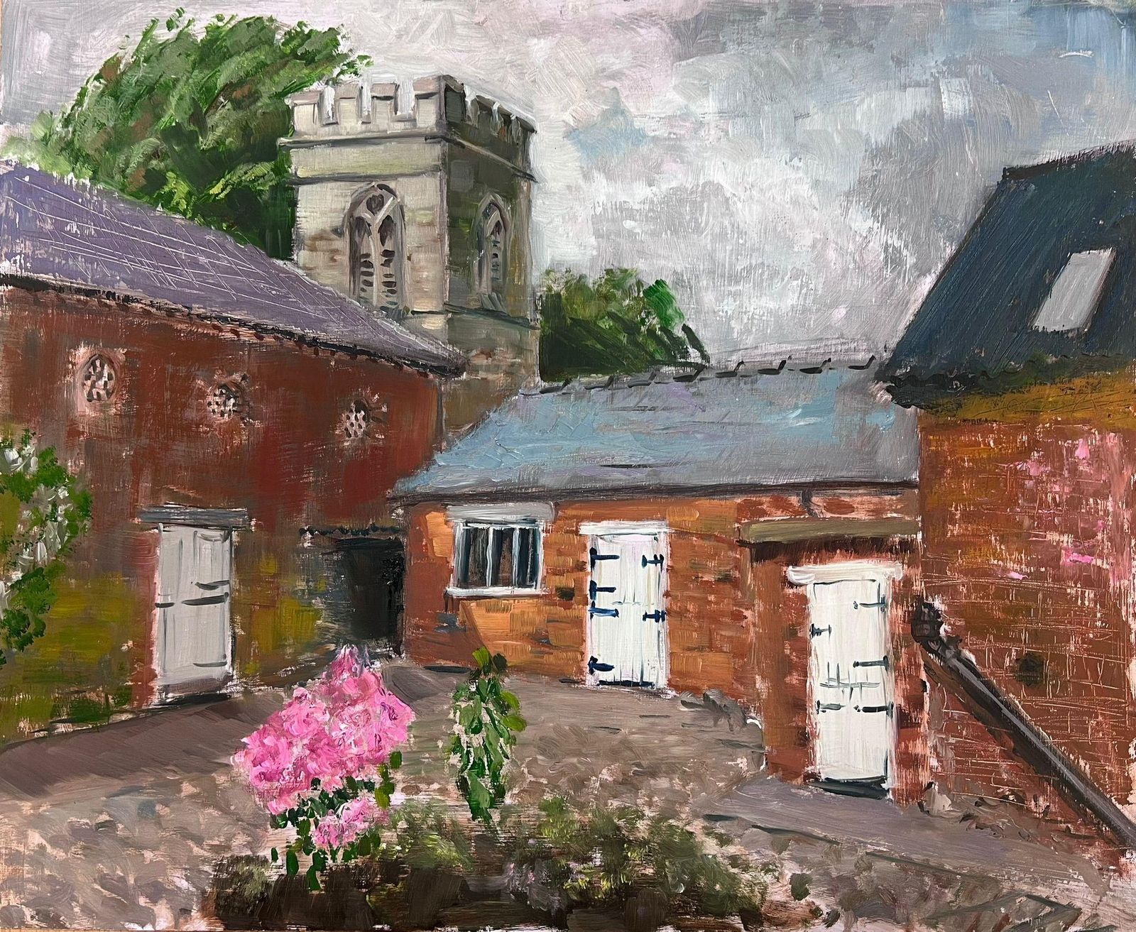 Helen Greenfieldcharming English Courtyard Scene With Church Tower And Brick Buildings