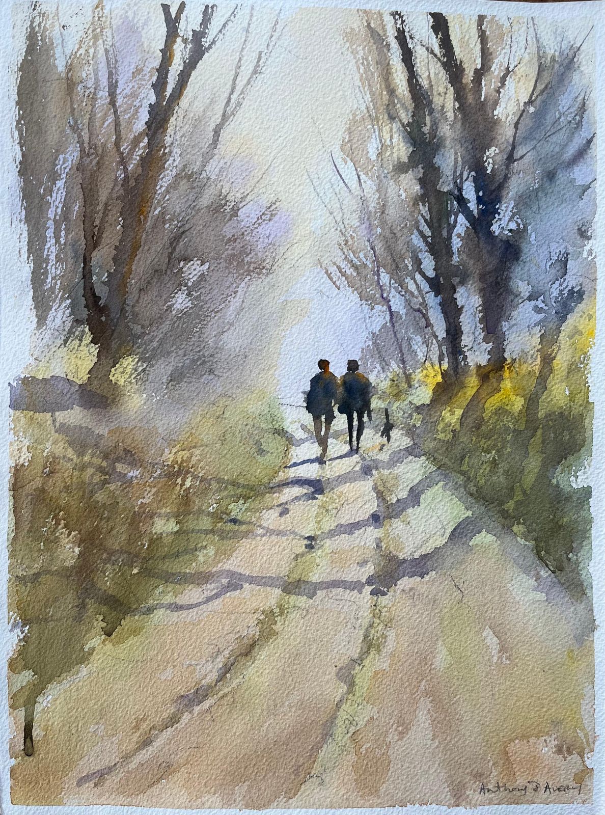 Anthony Averybritish Impressionist Watercolor Of Woodland Walk With Figures And Dog