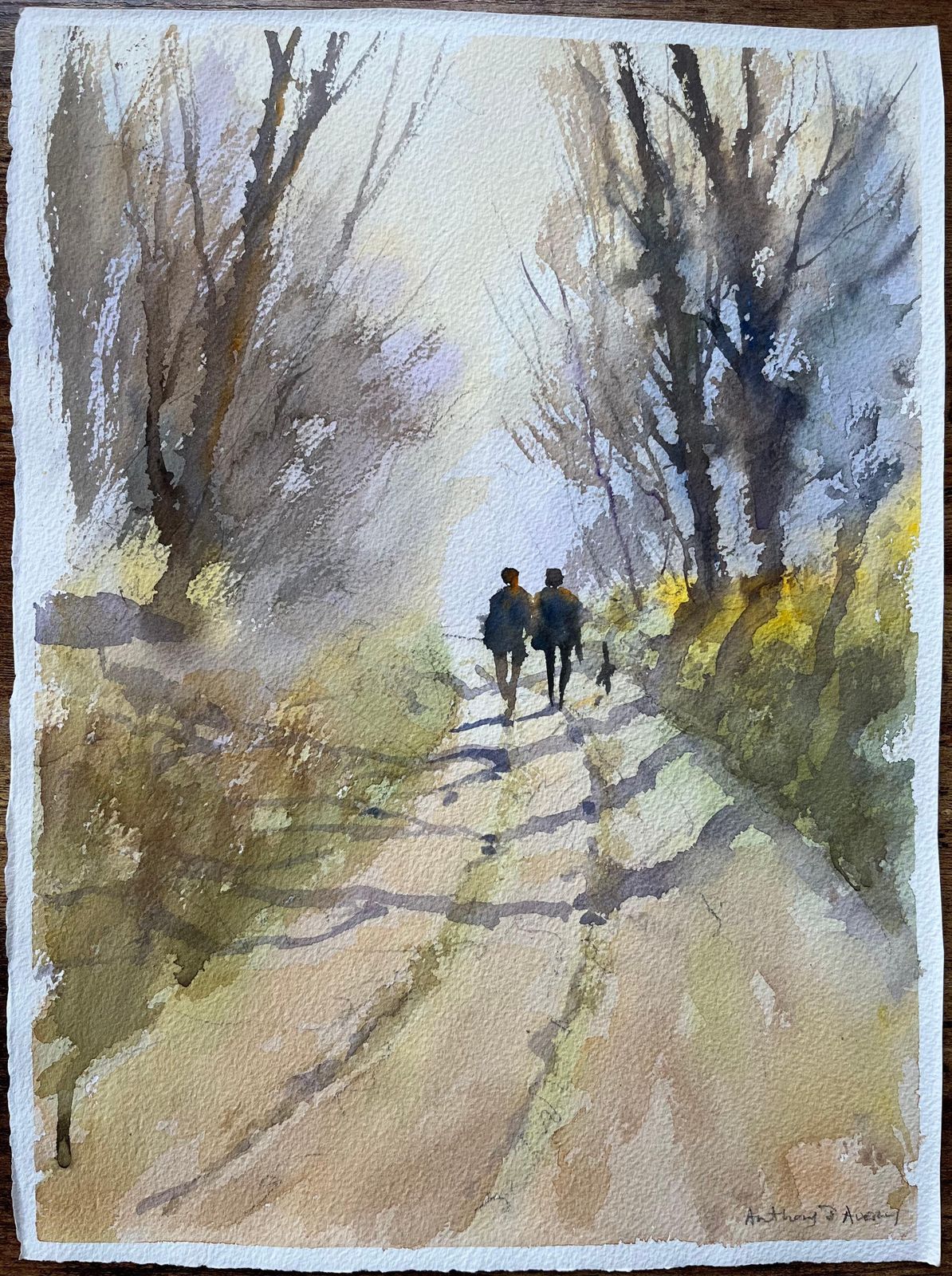 Anthony Averybritish Impressionist Watercolor Of Woodland Walk With Figures And Dog photo furniture