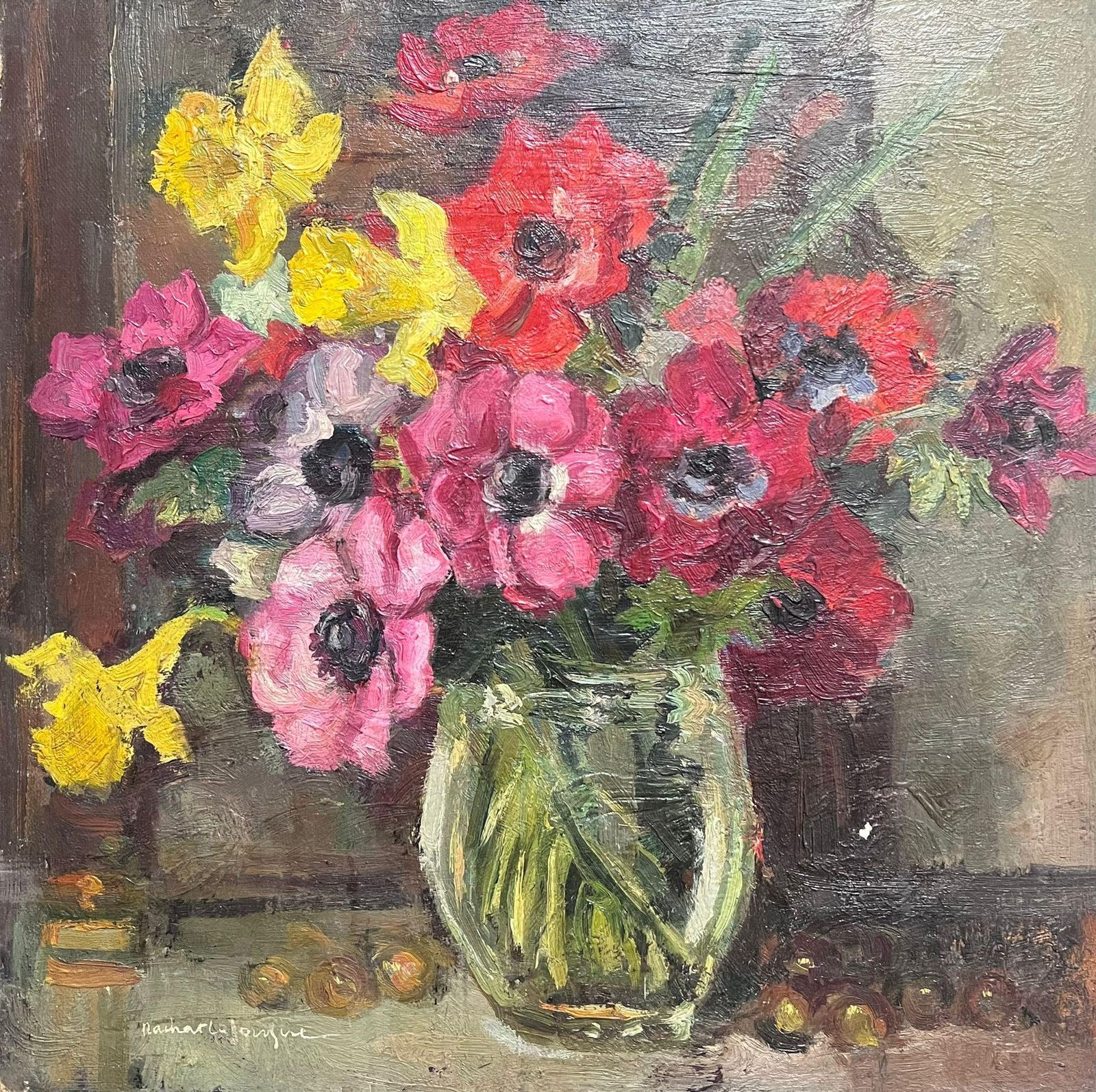 French Schoolfloral Still Life Of Bright Anemones In Glass Vase Mid 20th Century Oil Painting