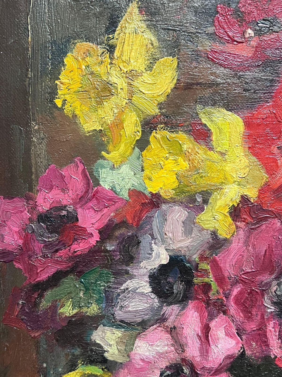 French Schoolfloral Still Life Of Bright Anemones In Glass Vase Mid 20th Century Oil Painting photo 484.0