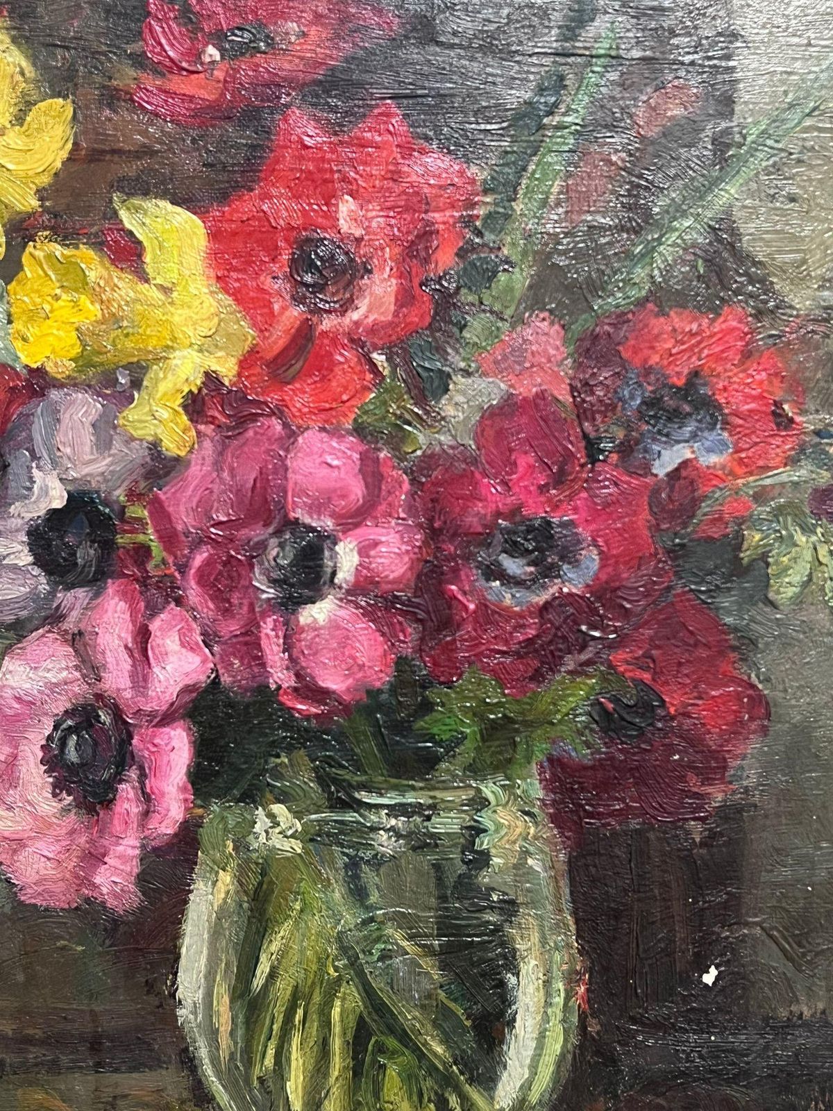 French Schoolfloral Still Life Of Bright Anemones In Glass Vase Mid 20th Century Oil Painting photo vinterior
