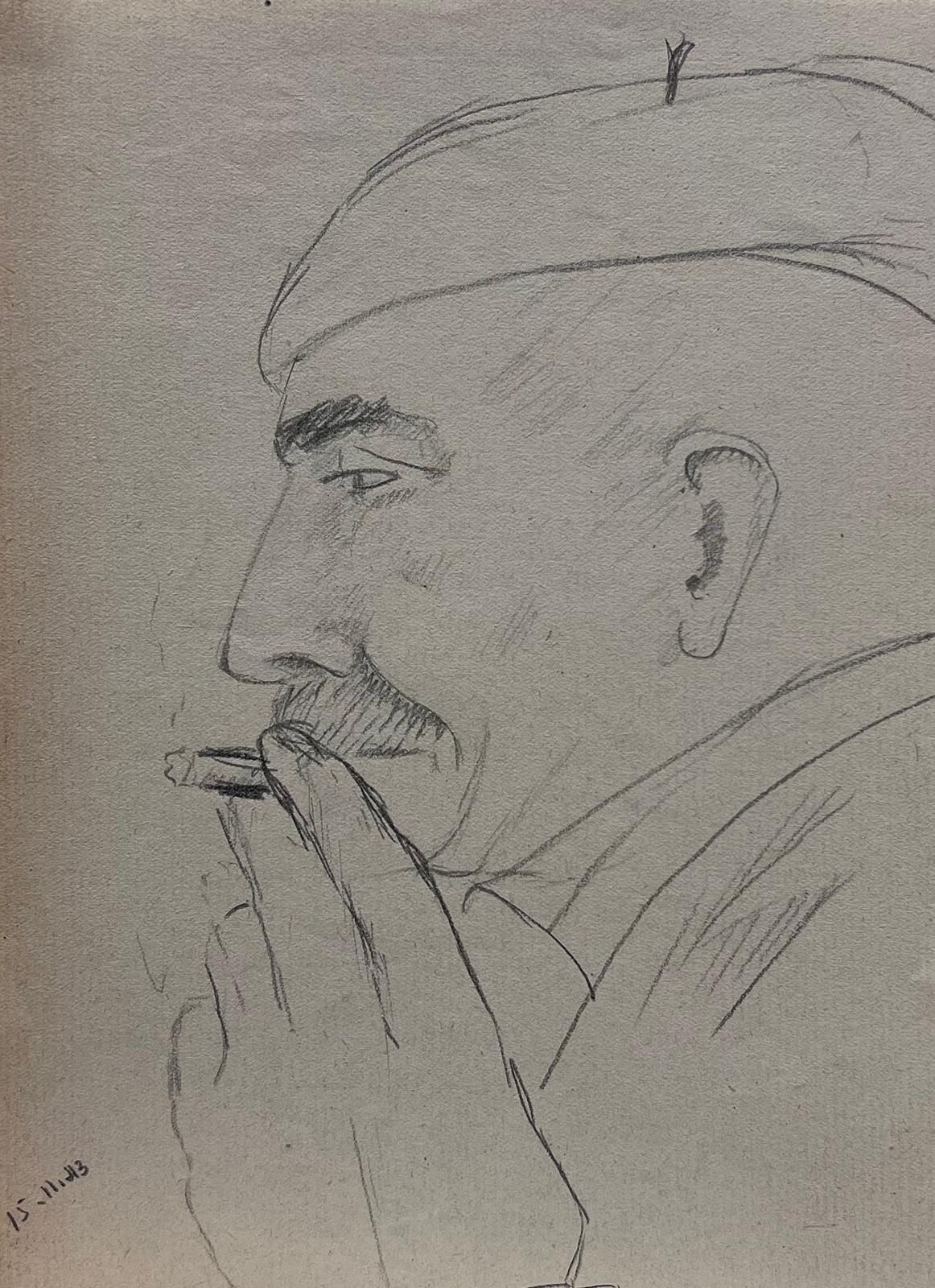 French Schoolexpressive Pencil Sketch Of A Man With Cigarette1943