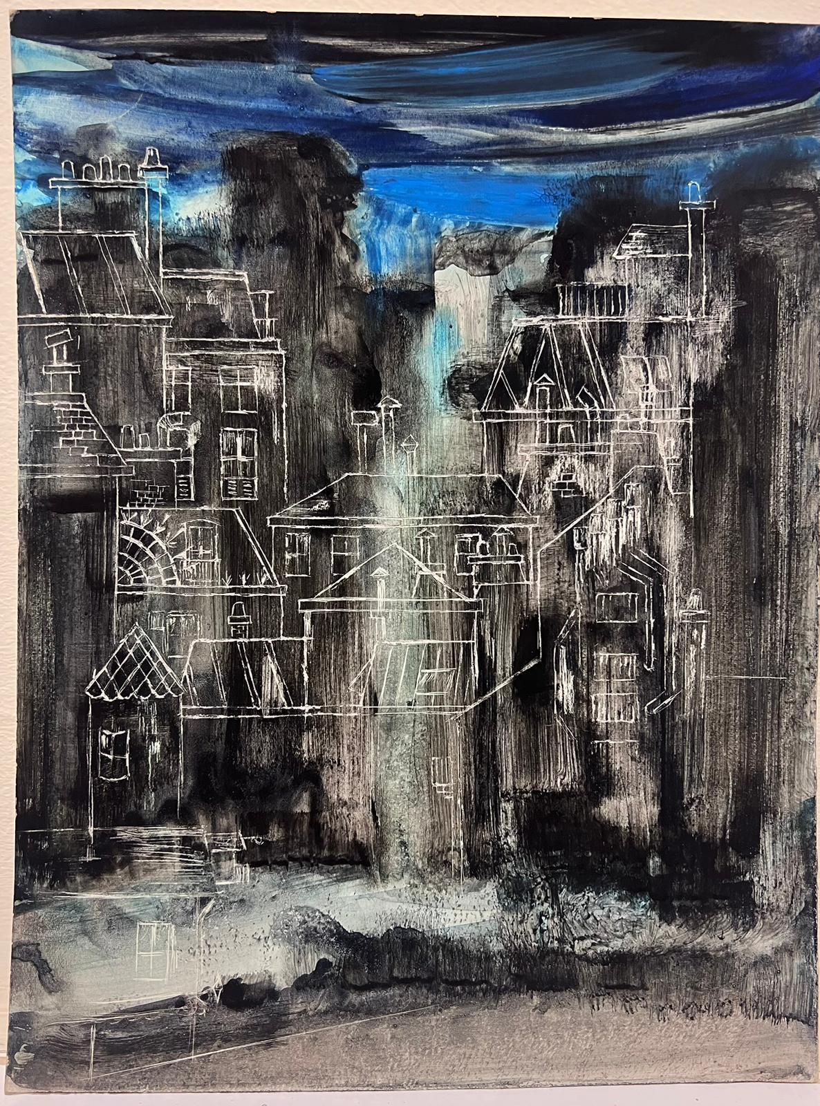 French Schoolmoody Abstract Urban Blue And Grey Landscape With Architectural Sketches photo furniture