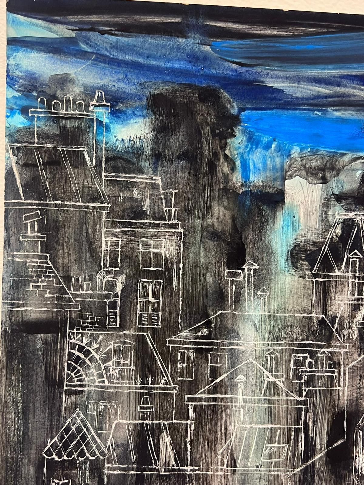French Schoolmoody Abstract Urban Blue And Grey Landscape With Architectural Sketches photo for sale