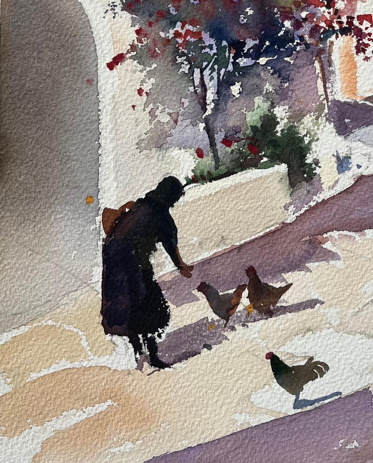 Anthony Averybritish Impressionist Watercolor Of Courtyard With Woman And Chickens photo Art