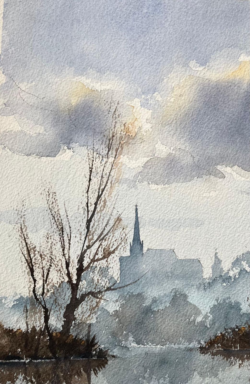 Anthony Averybritish Impressionist Watercolor Of Misty Riverside With Church Reflection photo vinterior