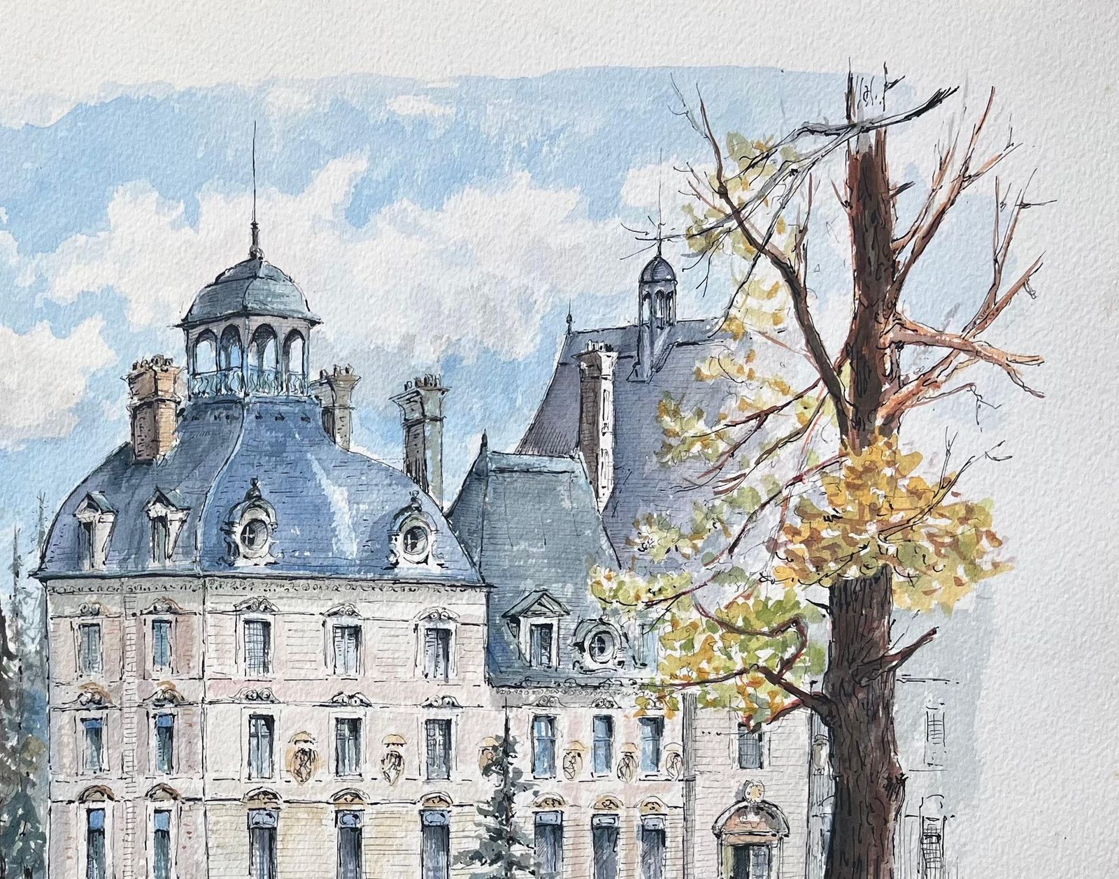 Robert Lepine (1929   2017)french Watercolor Of "Château De Cheverny" With Lush Grounds And Towering Trees20th Century photo 811.0